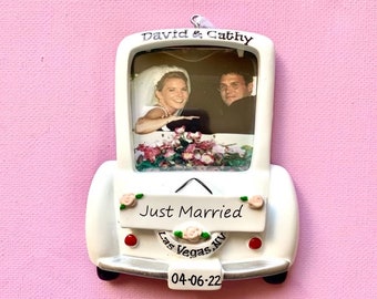 Just Married Wedding Car Picture Frame  Bride and Groom Personalized Newlywed Couple's 1st Christmas Ornament-Wedding Gift,Mr.Mrs.,Favor