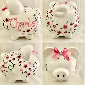 Rosa Blumen Boho Chic groß Sparschwein Baby Mädchen personalisiert,Babyparty,1.Geburtstag,Kommunion,Taufe,Taufe,Geschenk