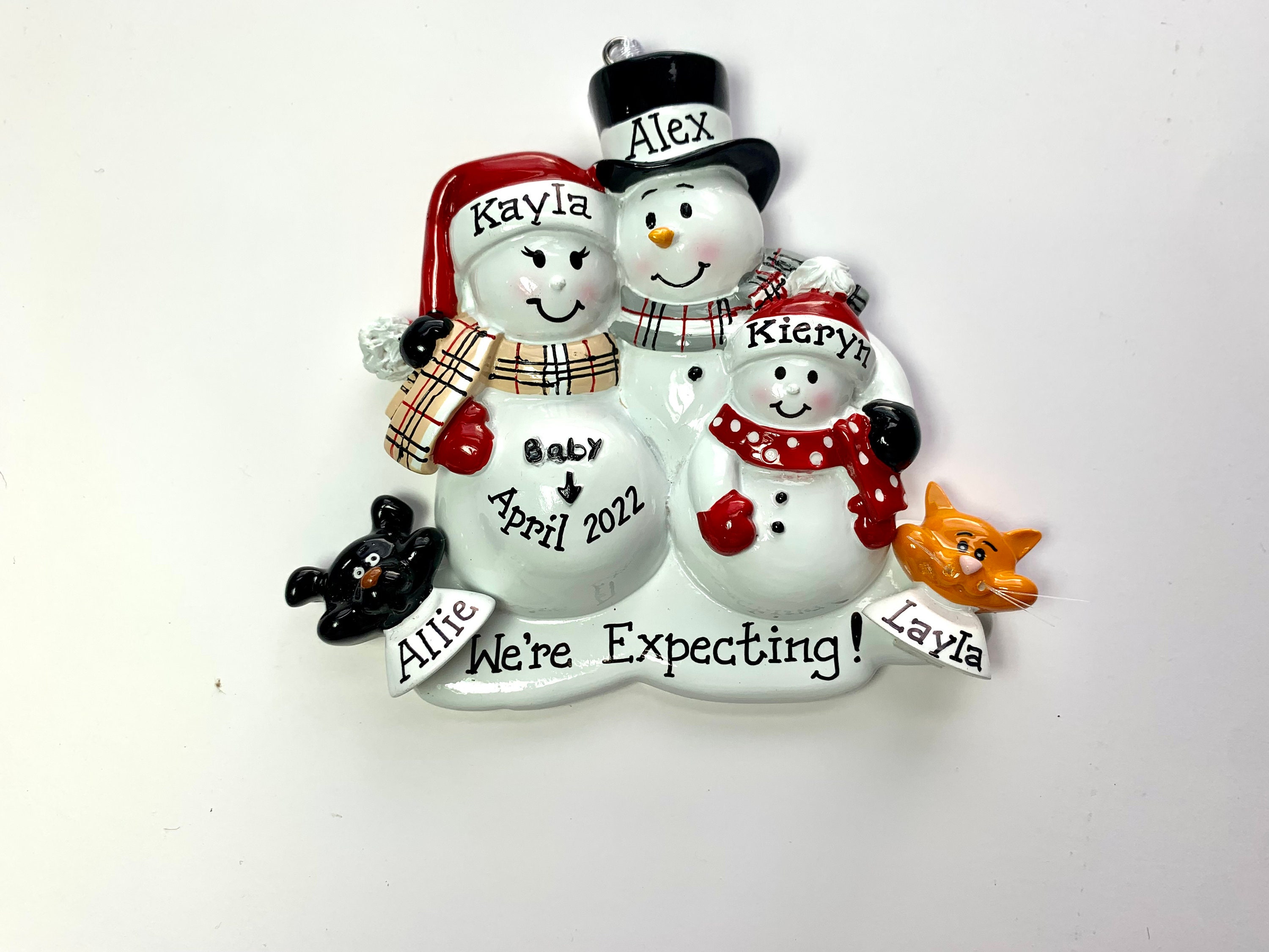 Personalized Christmas Ornament Pregnant Snowman Couple with One Child and dog or cat - Expecting Family, Baby makes us four