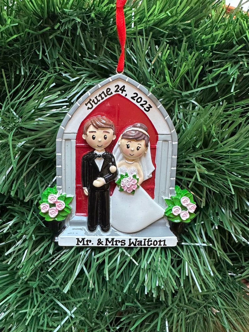 Bride and Groom Brunette Couple -Church Wedding Personalized Newlyweds 1st Christmas Ornament-Mr.Mrs.,Just Married Couple, Tux & Gown