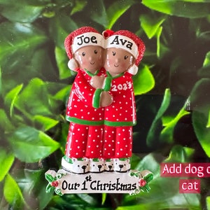 African American Brown Couple in Pajamas- Family of two Personalized Christmas Ornament with optional dog or cat Newlyweds -Grandparents