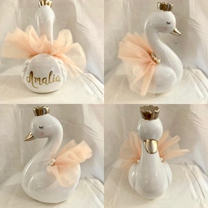 Personalized Large White Gold Swan Princess Piggy Bank- Newborn Gift ,Baby Girl&#39;s 1st Christmas, Baby Shower,Birthday, Christening, Baptism