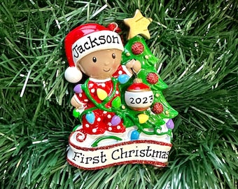 African American Baby in Red Pajamas Baby Boy's  or Girl's First Christmas Second Christmas Personalized Ornament, Birth Announcement