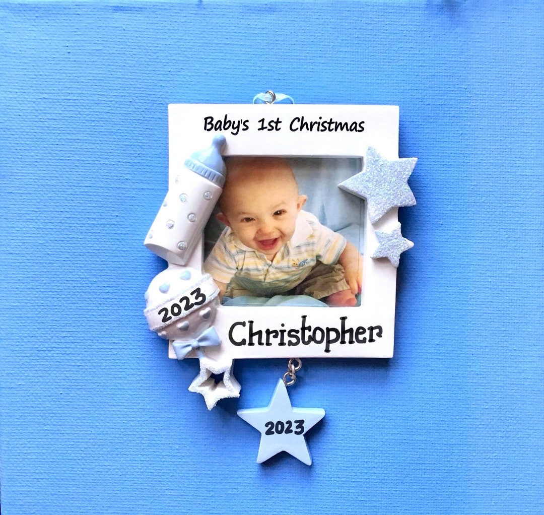 Blue Baby Bottle, Rattle Picture Frame Baby Boy's First Christmas ...