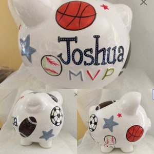 Personalized  All Star Sport Piggy Bank for Boys-Basketball- Football~ Baseball- Newborn - Baby Boy Christening, Birthday, Baby Shower Gift
