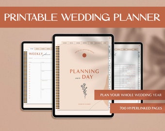 May include: A digital planner for weddings with a peach background and a floral illustration. The text "PLANNING our DAY" is in a brown font. The planner includes 700 hyperlinked pages.