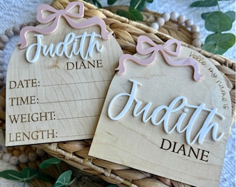 Letrero de lazo para anunciar el nacimiento del bebé, para el hospital, estadísticas de nacimiento, letrero con el nombre del bebé, regalo para baby shower, letrero de lazo para bebé.