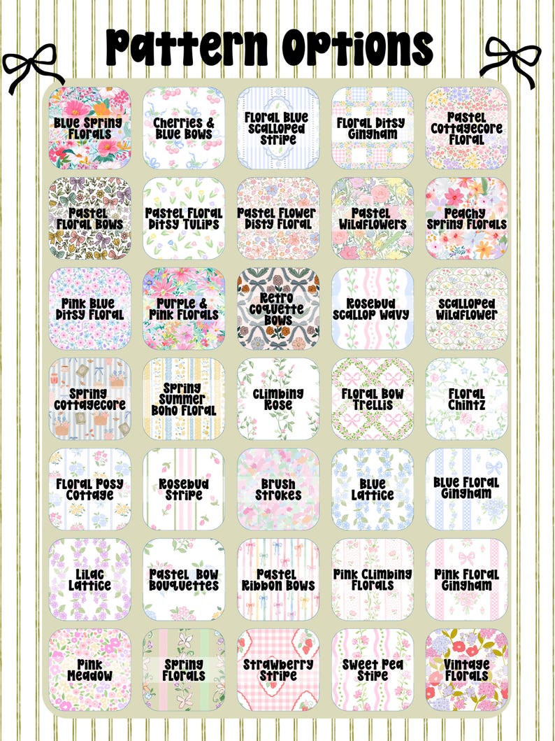 a grid of pattern options, including various floral designs and pastel colors.
