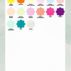 May include: A color chart titled "Acrylic Colors" displays a variety of hues, including neon yellow, orange, and various pastels like baby yellow, blush pink, and dusty rose. The text "Actual colors may vary" is at the bottom.