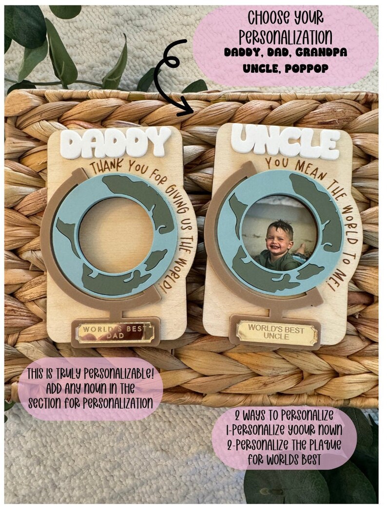 May include: Two wooden photo frames, one labeled "DADDY" and the other "UNCLE". Each frame features a globe design with a space for a photo. The "DADDY" frame says "Thank you for giving us the world!" and the "UNCLE" frame says "You mean the world to me!"