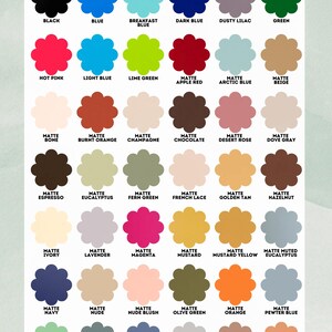 May include: A color chart displaying a variety of acrylic paint colors. Each color is represented by a flower-shaped swatch with the color name below. Colors include black, blue, green, pink, and many more.