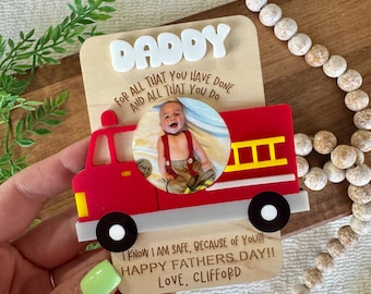 Fathers day fridge magnet for firefighter fridge magnet personalized fire truck photo fridge magnet for gift for dad gift for firefighters