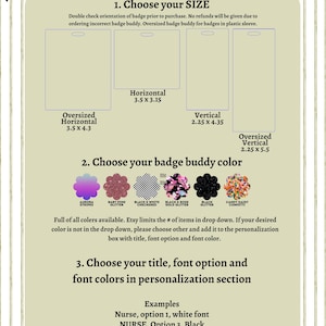 The image is a guide to ordering a personalized badge buddy, providing step-by-step instructions on how to choose the size, color, and title for the buddy.