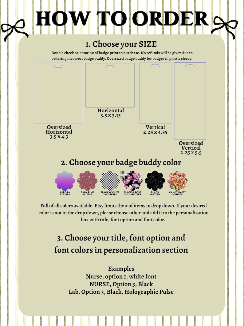 The image is a guide to ordering a personalized badge buddy, providing step-by-step instructions on how to choose the size, color, and title for the buddy.