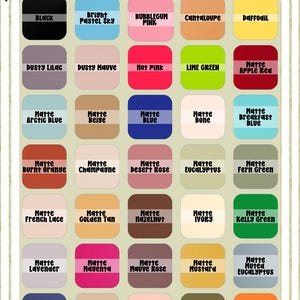a grid of 24 different color options for a font color, including black, bright pastel blue, bubblegum pink, cantaloupe, daffodil, dusty lily, hot pink, lime green, matte red, matte apple red, matte blue, matte beige, matte brown, matte green, matte blue, matte orange, matte brown, matte tan, golden nut, hazelnut, mint, mustard, navy blue, olive green, olive red, pink, purple, and olive green.