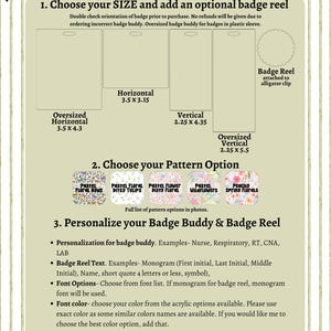 The image is a printed guide or instructions for ordering a badge reel and badge buddy. It provides step-by-step information on how to order these items, including choosing the size, pattern option, and personalizing the buddy. The guide also mentions that a double check orientation of the badge reel is necessary before purchasing, and that the title is only available on the front side of the reel.