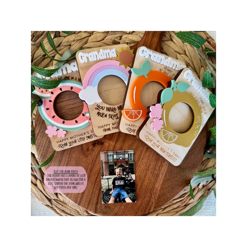 May include: Wooden photo frames with fruit and rainbow designs, perfect for Mother's Day. The frames feature watermelon, orange, and lemon shapes, with the word "Grandma" on top. A small photo is included.