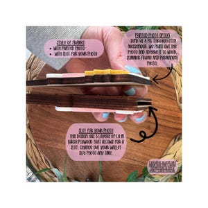 May include: Close-up of a wooden frame with a slot for a photo. The frame has three layers of birch plywood. Text on the image reads "Style of Frames" and "Printed Photo Option". The frame is designed to hold a wallet-sized photo.