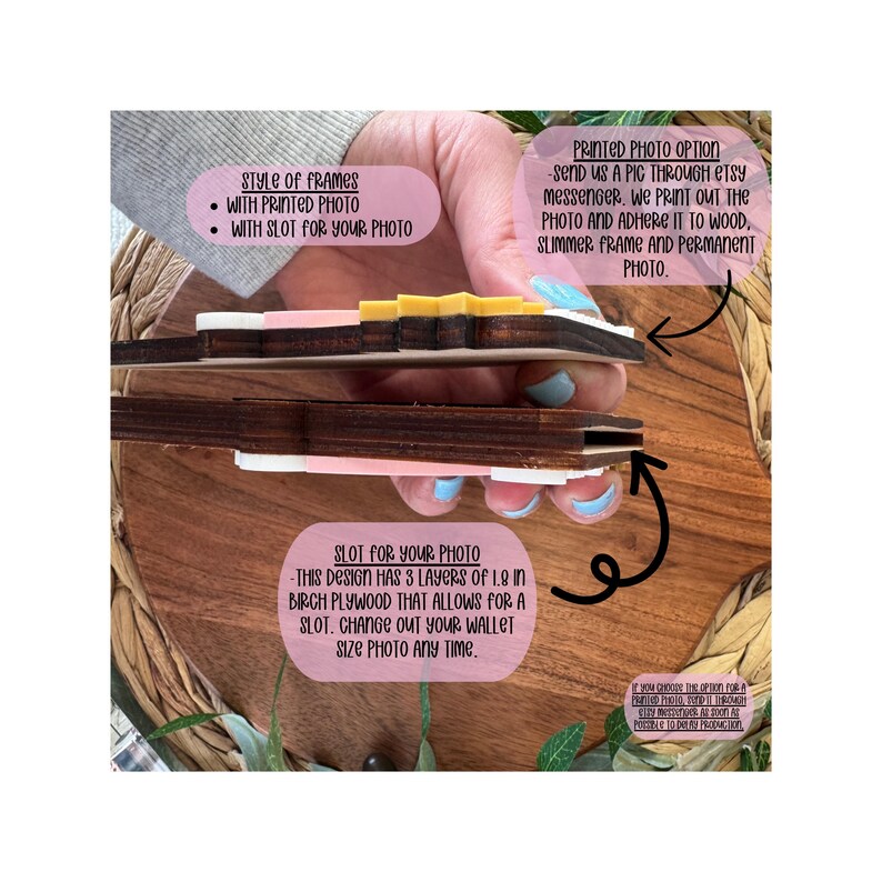 May include: Close-up of a wooden frame with a slot for a photo. The frame has three layers of birch plywood. Text on the image reads "Style of Frames" and "Printed Photo Option". The frame is designed to hold a wallet-sized photo.