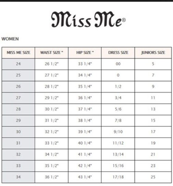 Conversion Chart Size 13 In Miss Me Jeans Conversion Chart Miss Me