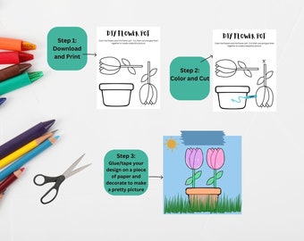 Imprimible DIY Flower Pot Cut and Color Craft para niños - Paper Craft - Actividad interior - Descarga digital - Niños para colorear - DIY Craft