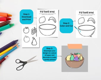 Printable DIY Fruit Bowl Cut and Color Craft for kids -- Paper Craft -- Indoor Activity  -- Digital Download -- Kids Coloring - DIY Craft