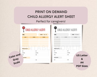 Printable Child Allergy Alert Sheet for Caregivers - Kid Allergy Sheet - Toddler/baby/child/kid downloadable allergen sheet-Digital Download