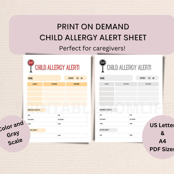 Printable Child Allergy Alert Sheet for Caregivers - Kid Allergy Sheet - Toddler/baby/child/kid downloadable allergen sheet-Digital Download