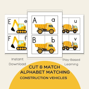 Actividad de cortar y combinar el alfabeto / Juego de combinar letras de vehículos de construcción / Material imprimible para aprendizaje preescolar / Letras mayúsculas y minúsculas
