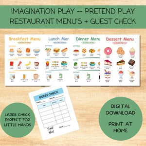 Menús de restaurante de juego de simulación imprimibles y cheque - Descarga digital - Juego de simulación - Menús de restaurante de simulación para niños y niños pequeños - Actividad