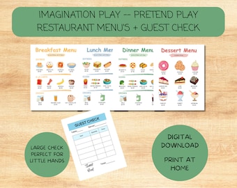 Printable Pretend Play Restaurant Menus and check -- Digital Download - Pretend Play - Kids and Toddlers Pretend Restaurant Menus - Activity