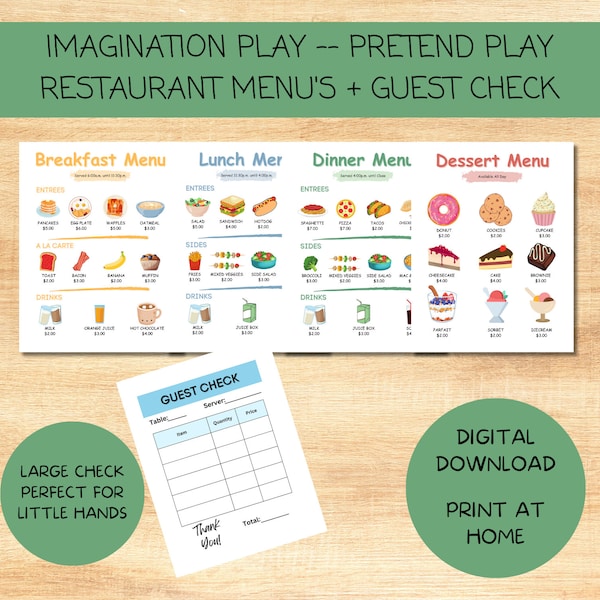 Printable Pretend Play Restaurant Menus and check -- Digital Download - Pretend Play - Kids and Toddlers Pretend Restaurant Menus - Activity