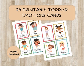 May include: Printable cards featuring illustrations of children expressing different emotions, such as happy, sad, tired, playful, angry, excited, determined, and hopeful. The cards are labeled with the corresponding emotion.