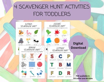 Scavenger Hunt Activities for toddlers - 4 digital download activities - nature, colors, indoor, letters - Printable toddler activities