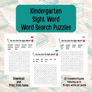 Printable Sight Word Search for Kindergarten | 20 Sight Word Puzzles with Answer Keys | Digital Download