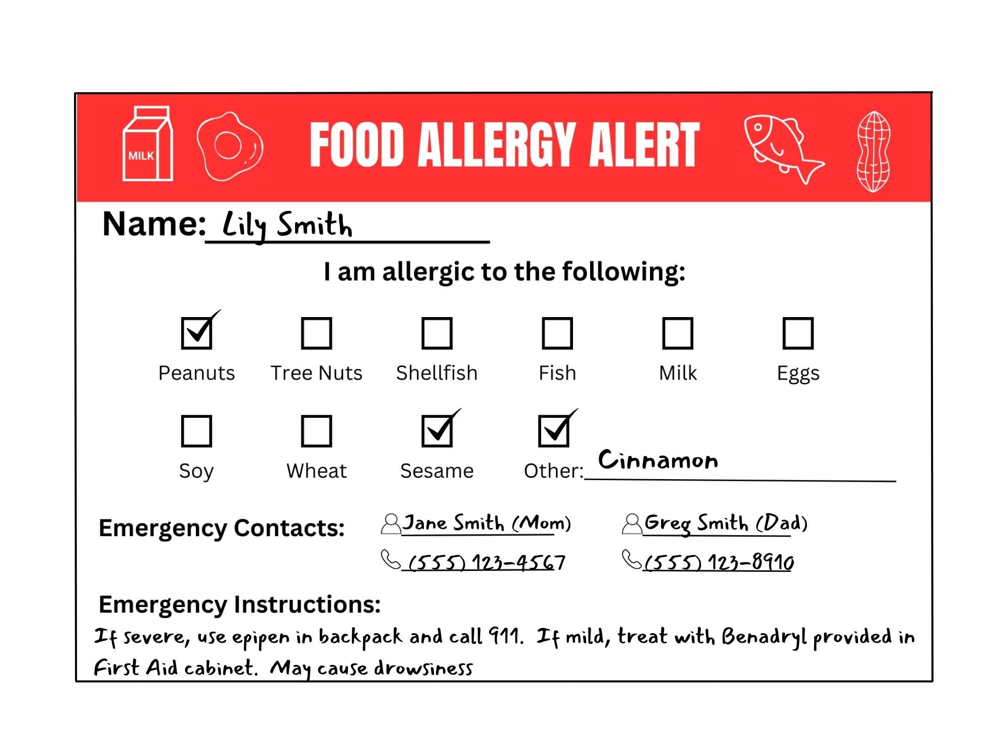Food Allergy Alert Card Digital Download Printable Children Food Food Allergy Alert Card Digital Download Printable Children Food