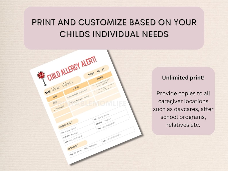 Printable Child Allergy Alert Sheet for Caregivers Kid Allergy Sheet