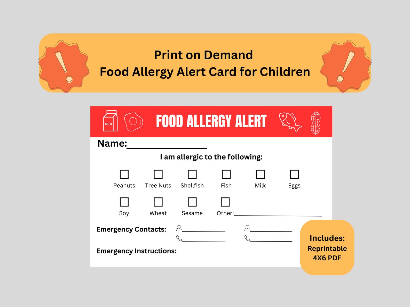 Food Allergy Alert Card Digital Download Printable Children Food Allergy Card For Daycare