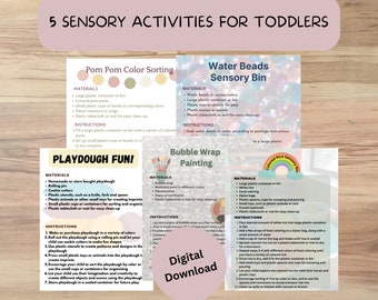May include: Five colorful cards with sensory activity ideas for toddlers. Each card features a different activity: Pom Pom Color Sorting, Water Beads Sensory Bin, Playdough Fun, Bubble Wrap Painting, and Colored Rice Sensory Bin. Each card includes a list of materials and instructions.