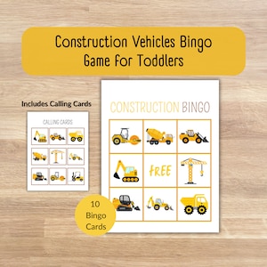 Juego de bingo de vehículos de construcción / Juego de bingo para niños pequeños / Juego de bingo para niños / Juego de vehículos de construcción / Tarjetas de bingo imprimibles / Preescolar
