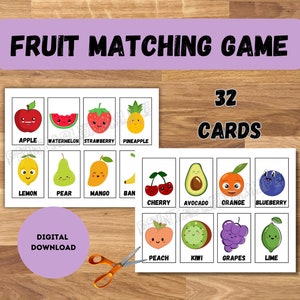 May include: A printable fruit matching game with 32 cards featuring colorful illustrations of various fruits with happy faces. The cards are labeled with the names of the fruits, such as apple, watermelon, strawberry, pineapple, lemon, pear, mango, banana, cherry, avocado, orange, blueberry, peach, kiwi, grapes, and lime. The text "FRUIT MATCHING GAME" and "32 CARDS" is also included on the cards.