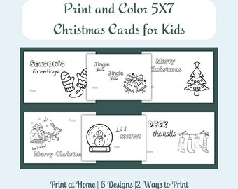 May include: Six black and white printable Christmas card designs for kids. The designs include a snowman, a Christmas tree, a reindeer pulling a sleigh, mittens, jingle bells, and stockings hanging on a branch.