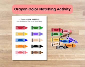 May include: A printable crayon color matching activity worksheet. The worksheet has a title "Crayon Color Matching" and instructions to match the corresponding crayon with the color on the page. There are 10 crayons in a row, each a different color. Below the crayons are 10 color swatches, each with a word label for the color.