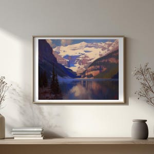 Lake Louise Wall Art Print | Oil Painting Style | Still Reflections Landscape | Instant Digital Download