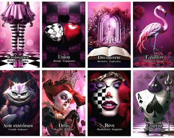 May include: A set of eight rectangular oracle cards featuring surreal illustrations in shades of pink, purple, and black. Each card displays a central image, a French title, and sub-keywords, including themes like a flamingo, a cat, and playing card motifs.