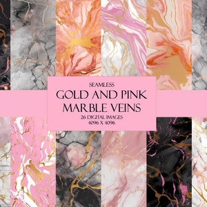 May include: A digital paper pack with 26 seamless patterns featuring pink, gold, and black marble veins. The patterns are 4096 x 4096 pixels.