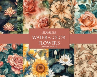 Water Color Flowers Seamless Repeating Patterns Digital Paper Craft Paper