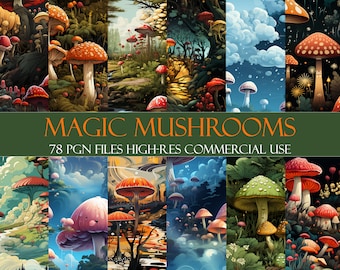 Magical Mushroom Seamless Patterns: 78 High-Res JPGs (Digital Download)
