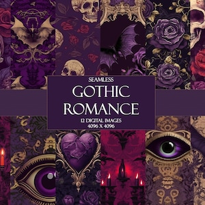 May include: A set of 12 digital seamless patterns featuring gothic romance themes. The patterns include skulls, bats, roses, hearts, candles, and eyes. The patterns are in shades of purple, black, gold, and red.  Seamless Gothic Romance 12 Digital Images 4096 x 4096