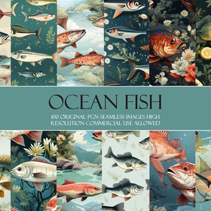 Puede incluir: Un collage digital de 100 imágenes originales sin costuras de peces de mar. Las imágenes son de alta resolución y se permite el uso comercial. Las imágenes presentan una variedad de peces, incluyendo atún, salmón y lubina. Las imágenes se colocan sobre un fondo de arrecifes de coral, bosques de algas marinas y otras escenas submarinas.